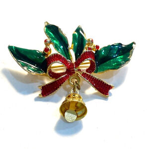 Christmas Brooch Goldtone Red & Green Enamel Festive Holly Sprig & Bell Pin